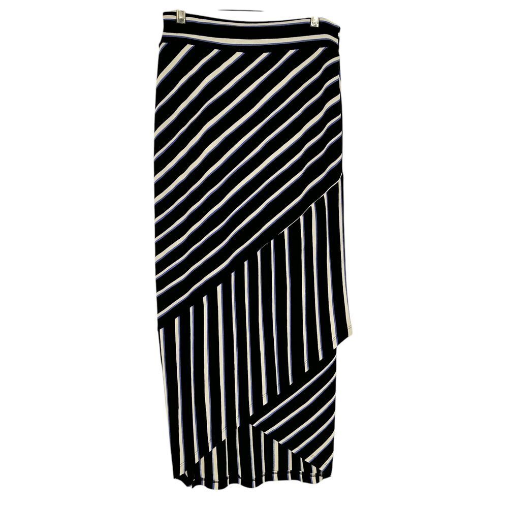 Chicos Striped Geometric Pattern Maxi Skirt Black White Blue SZ XS High Low Hem